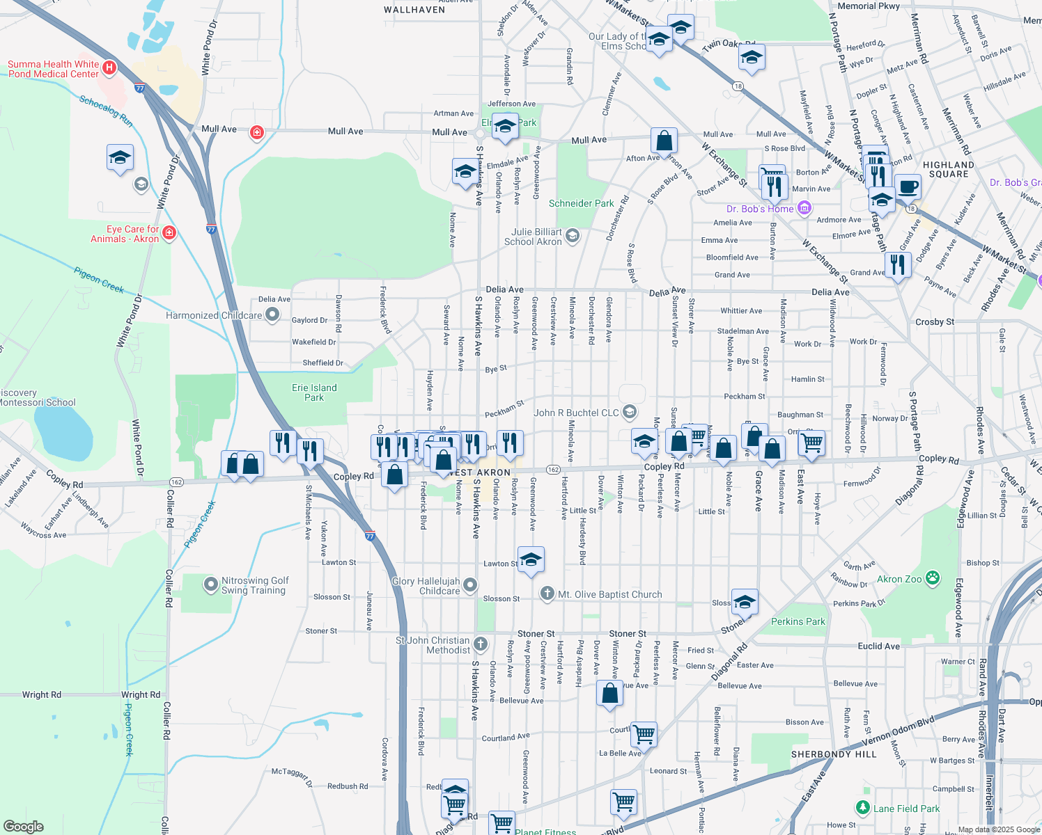 map of restaurants, bars, coffee shops, grocery stores, and more near 797 Roslyn Avenue in Akron