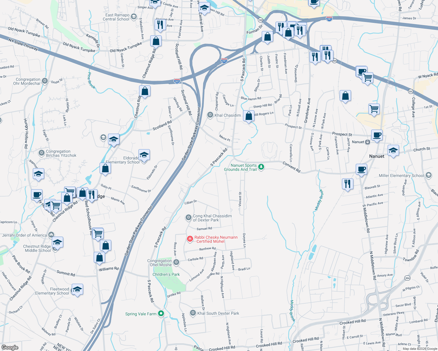 map of restaurants, bars, coffee shops, grocery stores, and more near 24 North Cheryl Street in Spring Valley