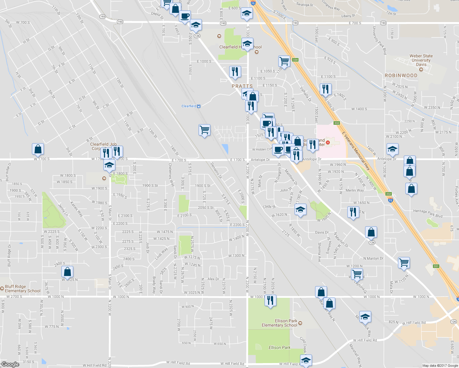map of restaurants, bars, coffee shops, grocery stores, and more near 921 Sam Circle in Clearfield