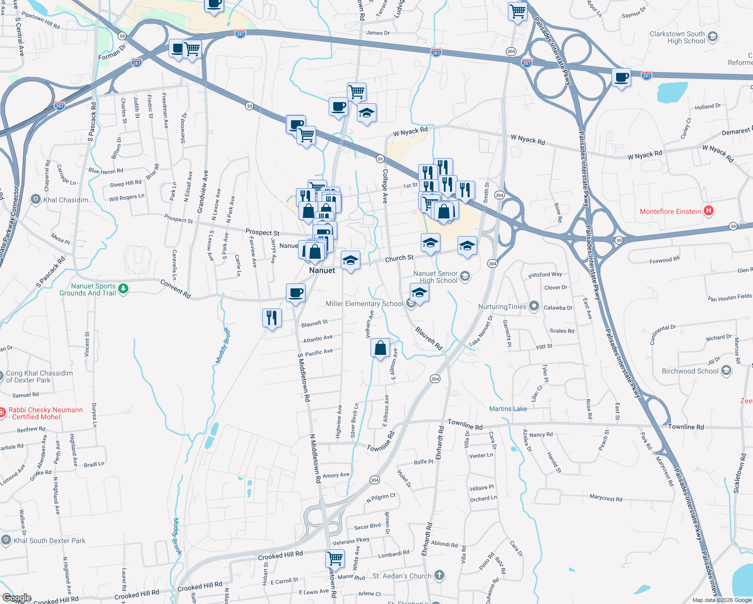 map of restaurants, bars, coffee shops, grocery stores, and more near 7 Pelham Avenue in Nanuet