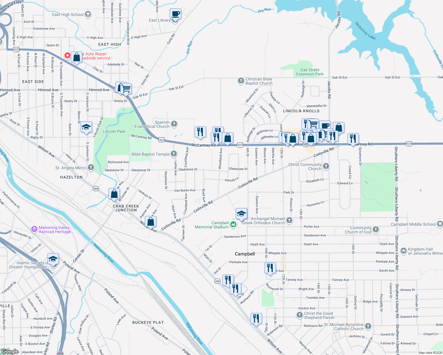 map of restaurants, bars, coffee shops, grocery stores, and more near 83 Woodland Ave in Campbell