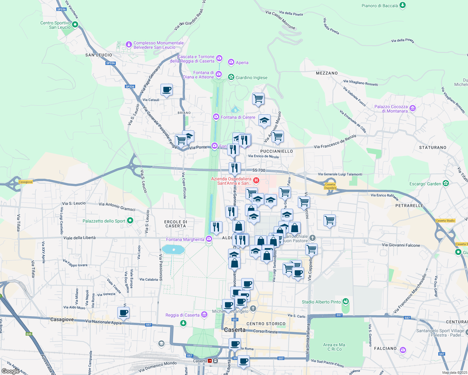 map of restaurants, bars, coffee shops, grocery stores, and more near 113 Via Gennaro Tescione in Caserta