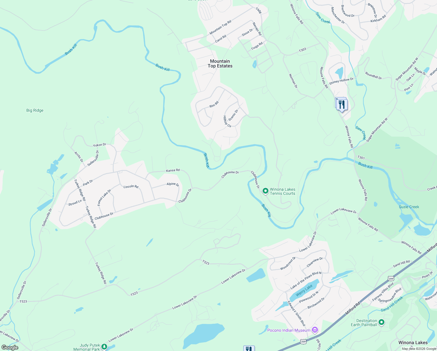 map of restaurants, bars, coffee shops, grocery stores, and more near 53 Winona Lks in East Stroudsburg