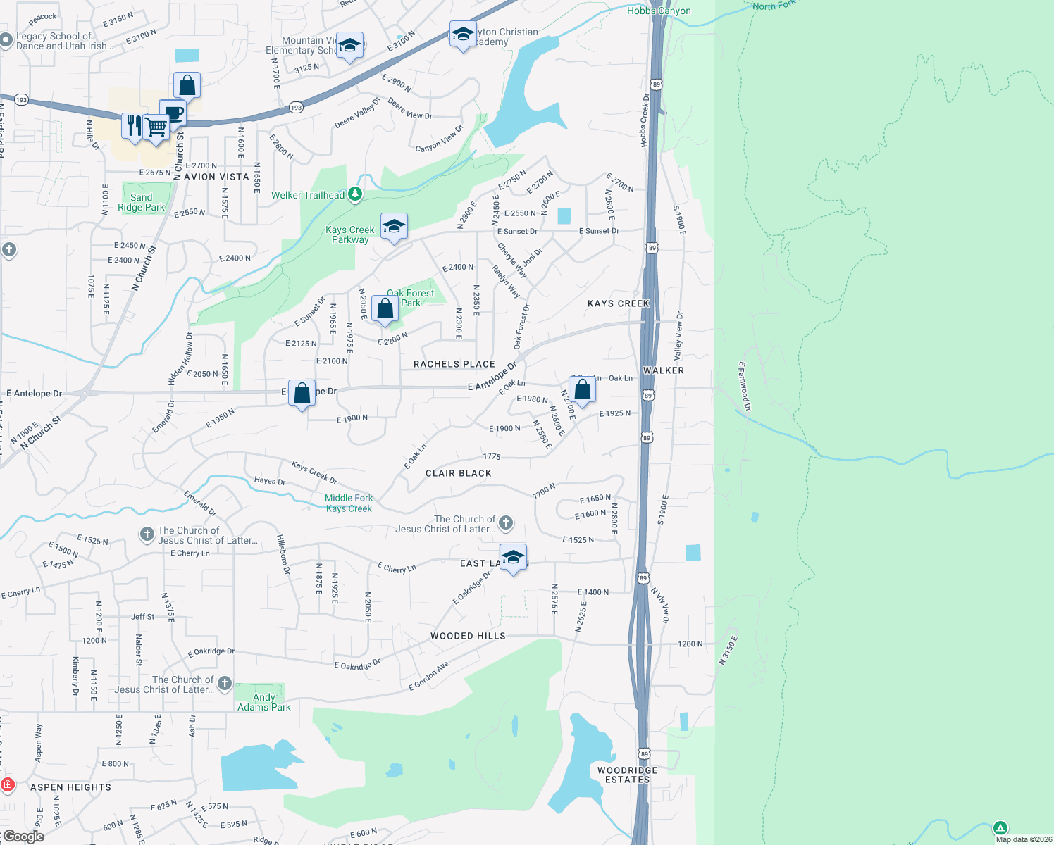 map of restaurants, bars, coffee shops, grocery stores, and more near 2509 East 1900 North in Layton