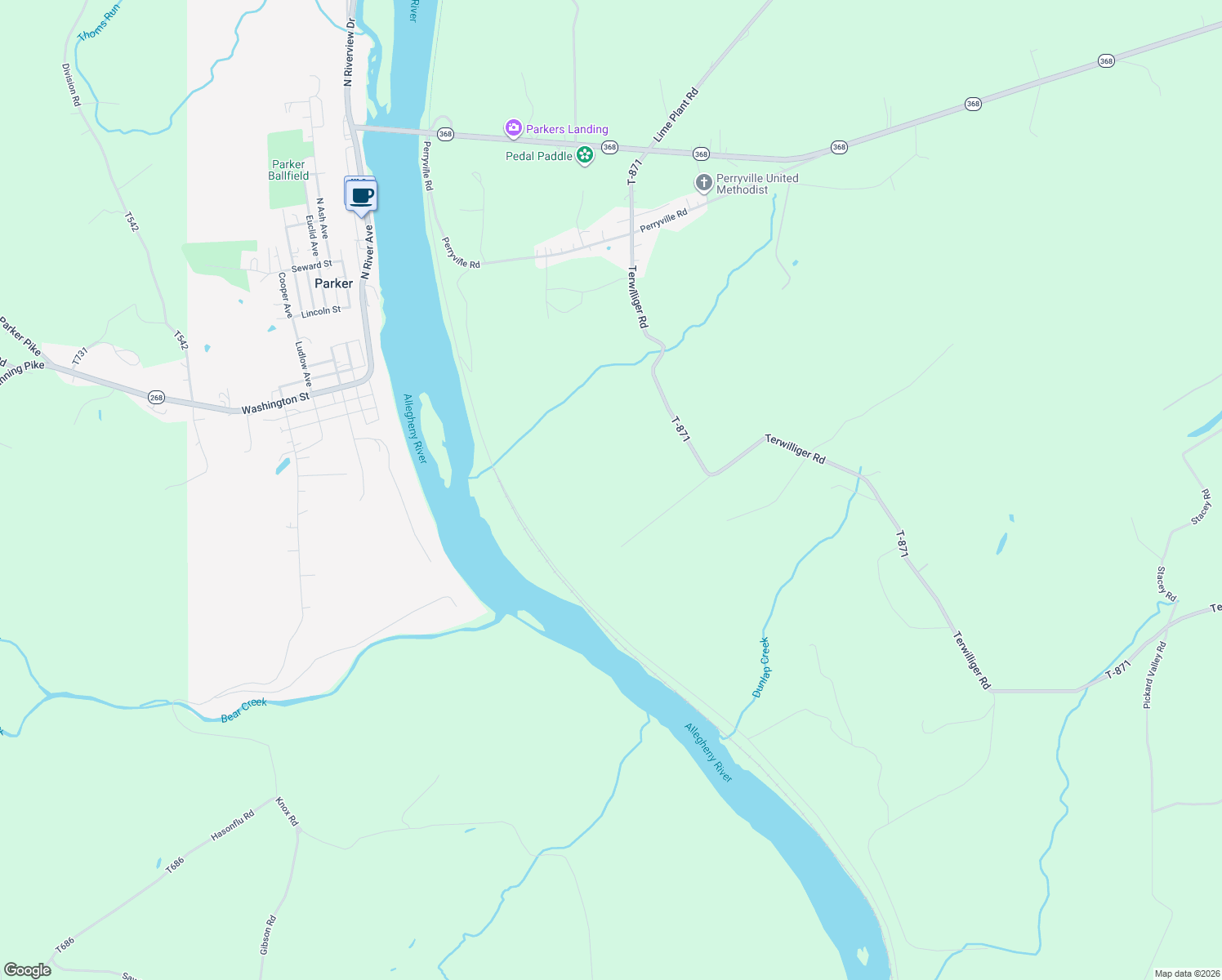 map of restaurants, bars, coffee shops, grocery stores, and more near in Parker