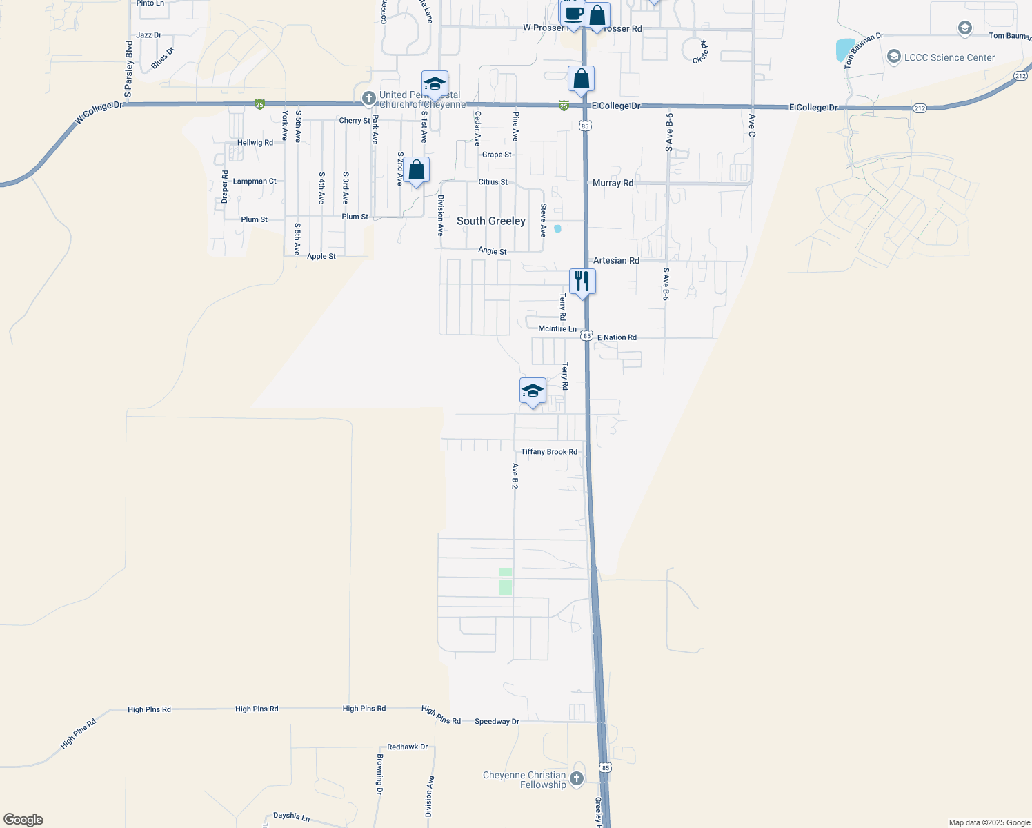 map of restaurants, bars, coffee shops, grocery stores, and more near 398 West Wallick Road in Cheyenne