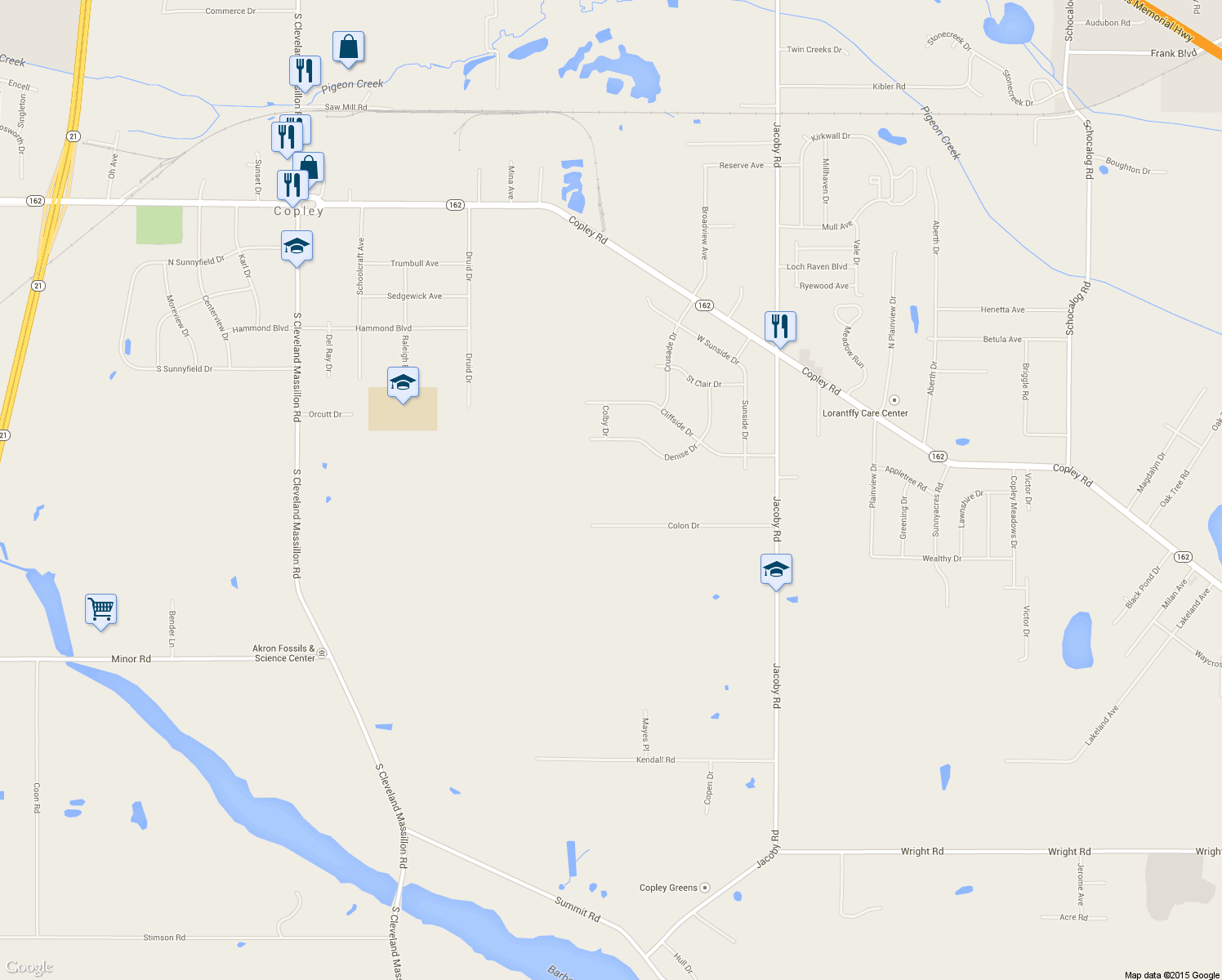 map of restaurants, bars, coffee shops, grocery stores, and more near 3023 Colon Drive in Akron