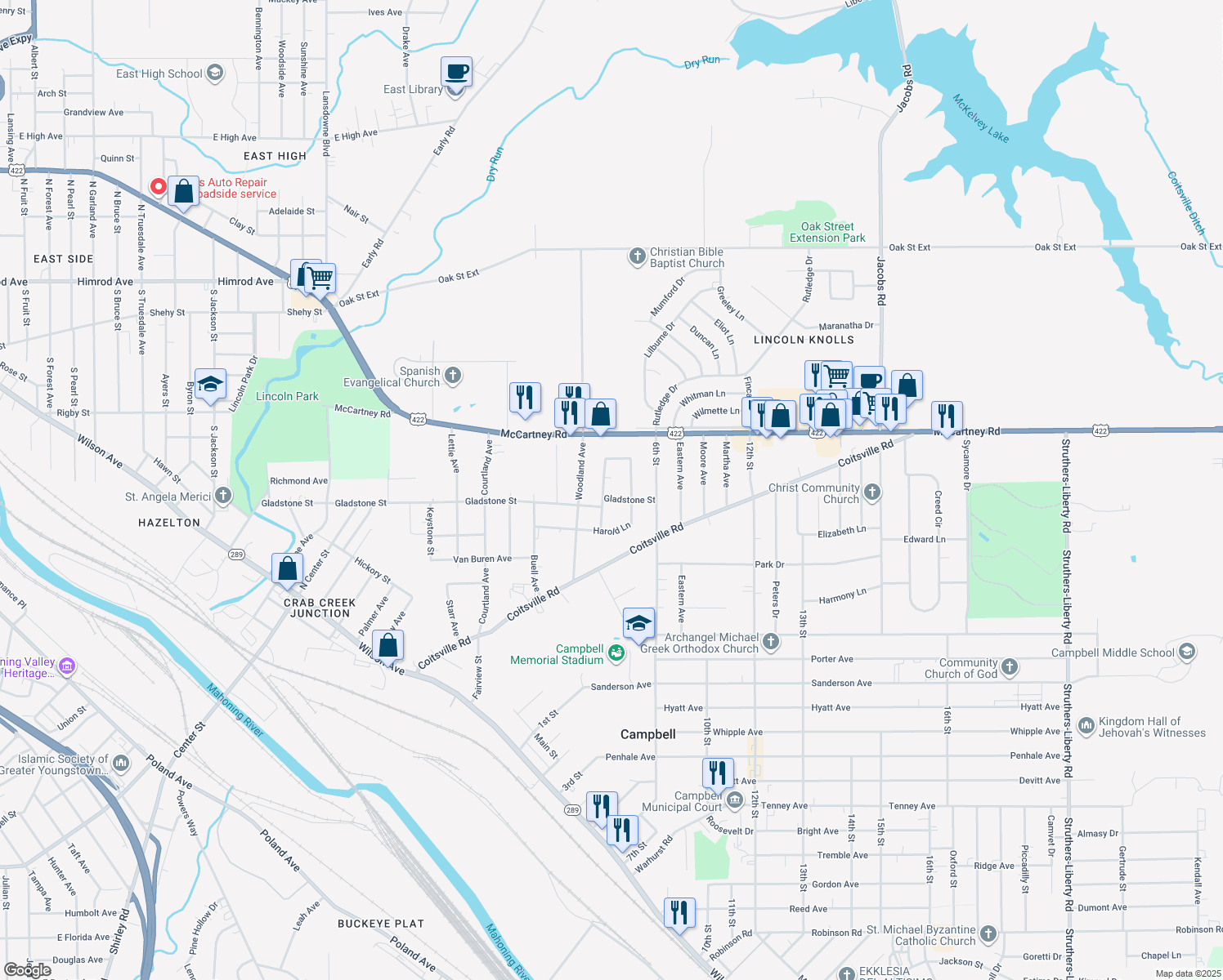 map of restaurants, bars, coffee shops, grocery stores, and more near 217 Hamrock Drive in Campbell