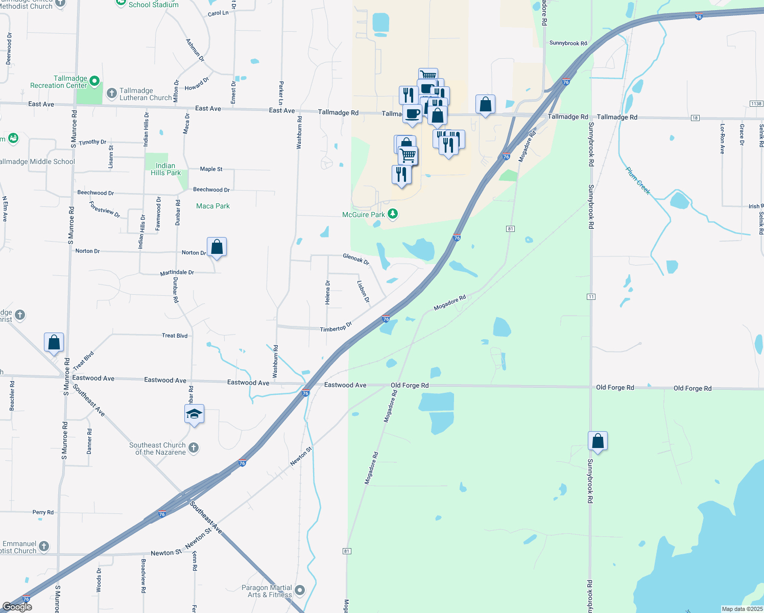 map of restaurants, bars, coffee shops, grocery stores, and more near 1408 Timbertop Dr in Tallmadge