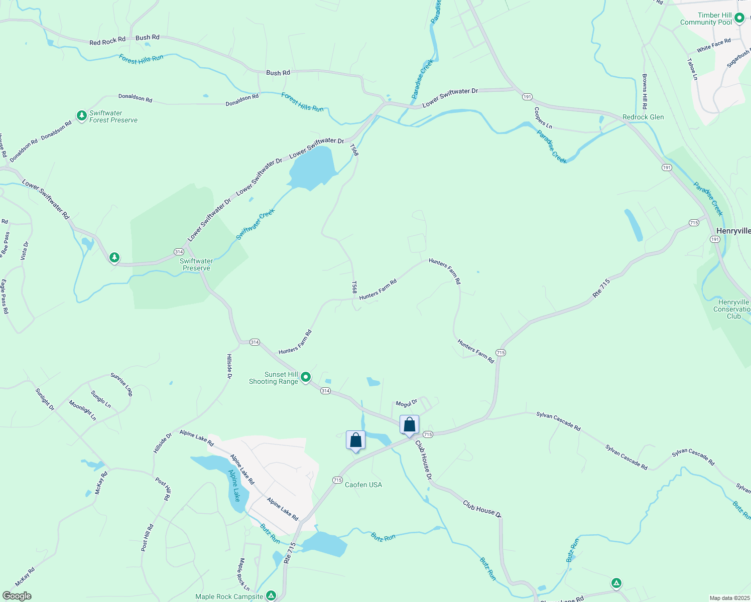 map of restaurants, bars, coffee shops, grocery stores, and more near 29 Hunters Farm Road in Henryville