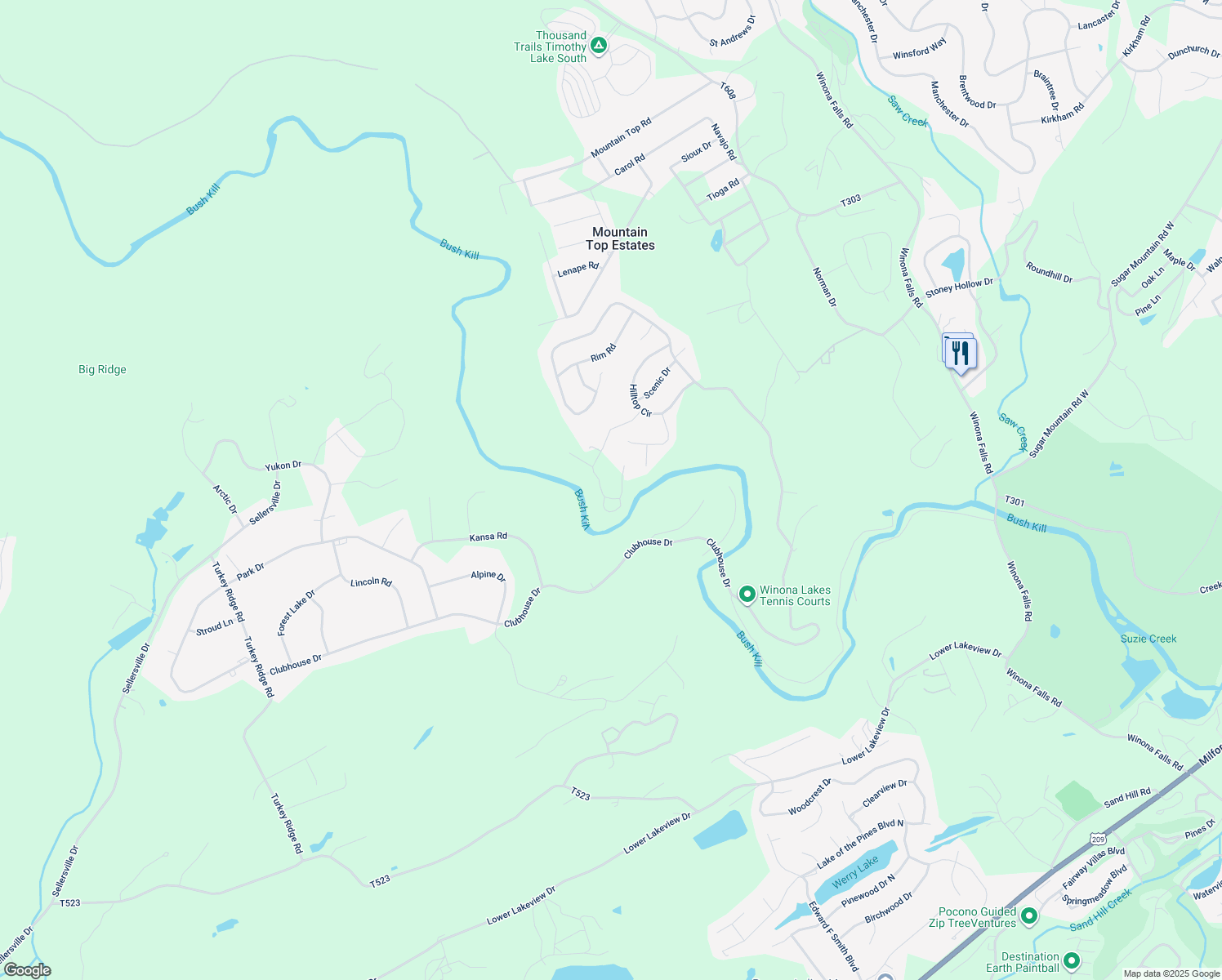 map of restaurants, bars, coffee shops, grocery stores, and more near 8185 Gallahad Pass Road in East Stroudsburg