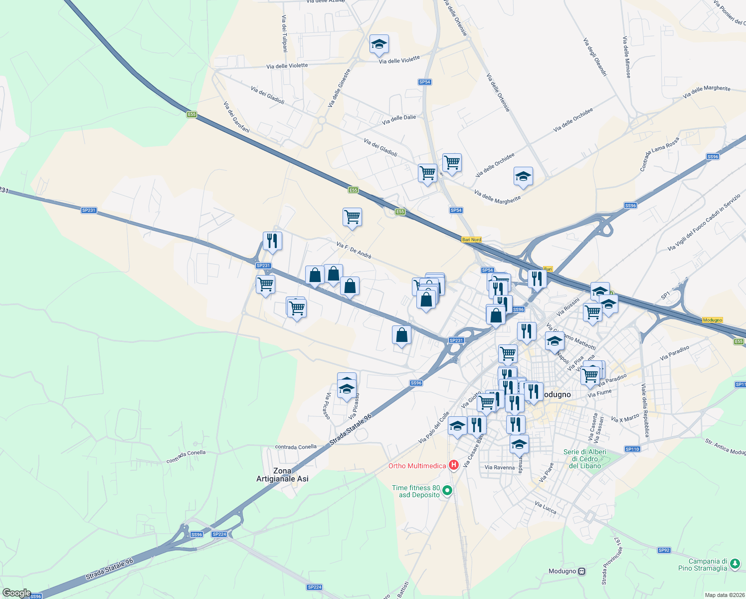 map of restaurants, bars, coffee shops, grocery stores, and more near in Modugno