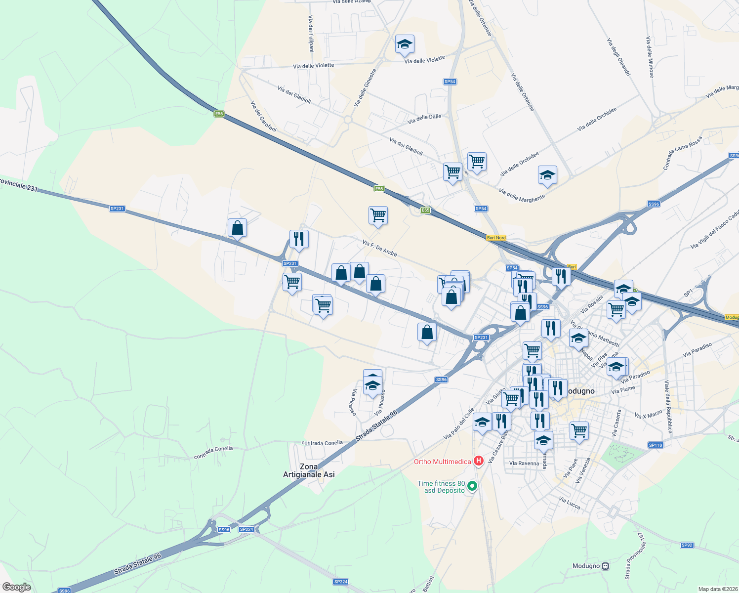 map of restaurants, bars, coffee shops, grocery stores, and more near 37 Strada Provinciale 231 in Modugno