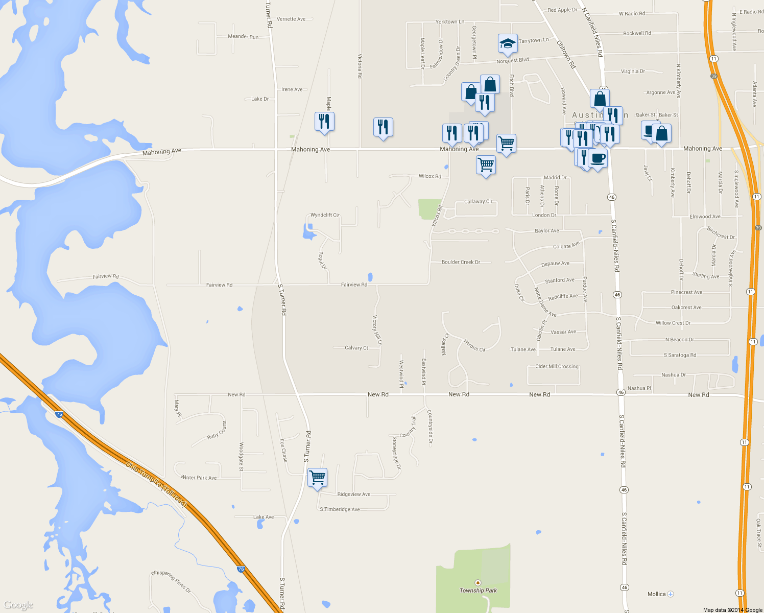 map of restaurants, bars, coffee shops, grocery stores, and more near 1239 Victory Hill Lane in Youngstown