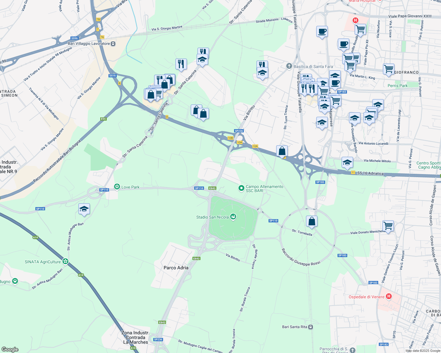 map of restaurants, bars, coffee shops, grocery stores, and more near 114/C Via Bitritto in Città Metropolitana di Bari