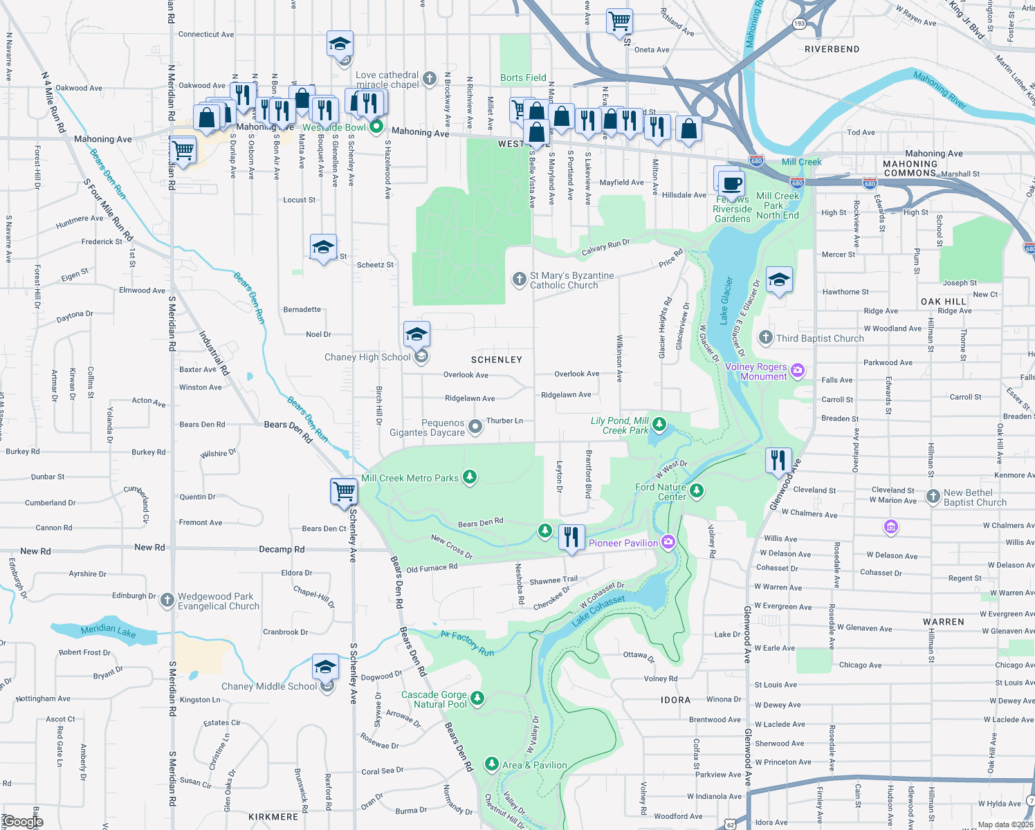 map of restaurants, bars, coffee shops, grocery stores, and more near 2002 Thurber Lane in Youngstown