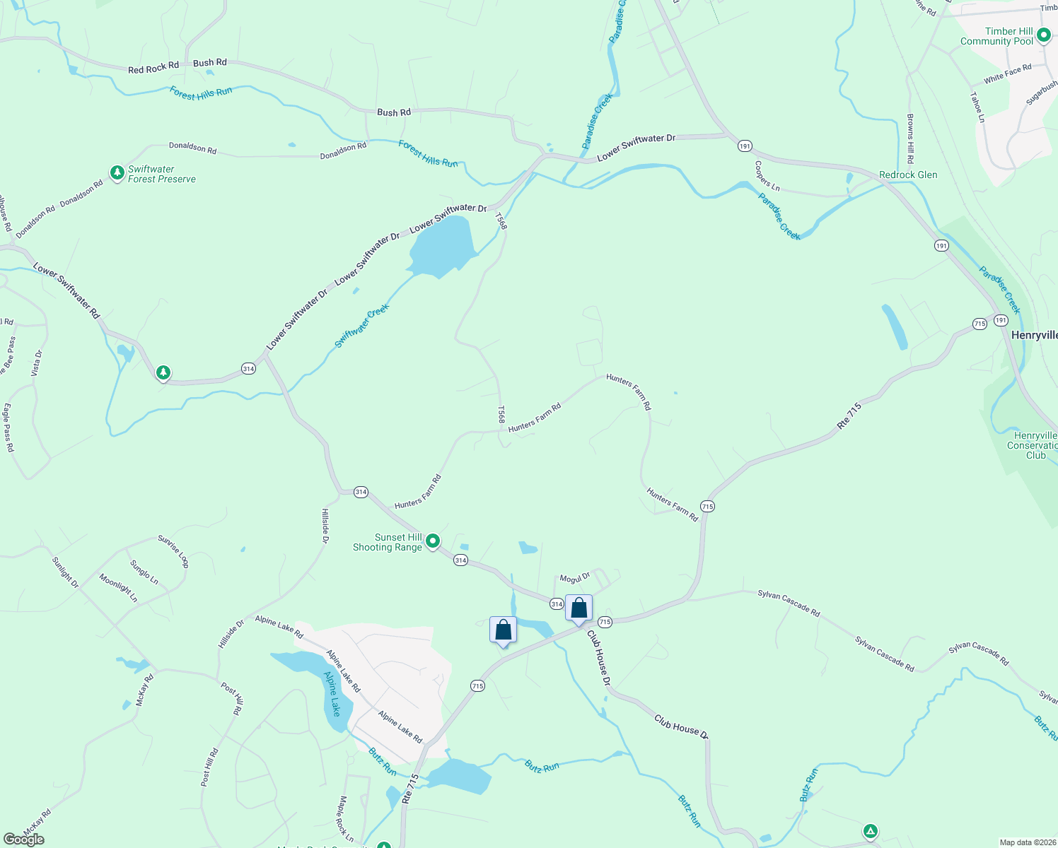 map of restaurants, bars, coffee shops, grocery stores, and more near Hunters Farm Road in Henryville
