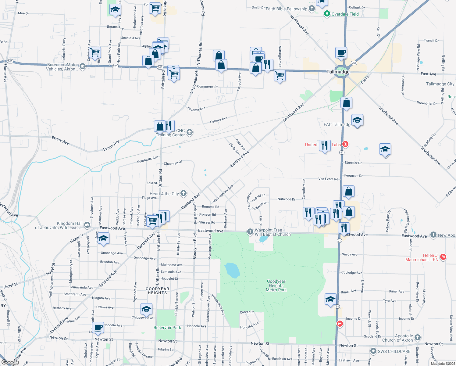 map of restaurants, bars, coffee shops, grocery stores, and more near 1647 Nutwood Rd in Akron