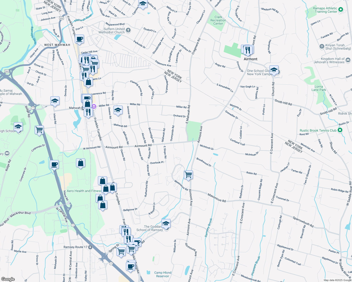 map of restaurants, bars, coffee shops, grocery stores, and more near 247 Airmount Rd in Mahwah