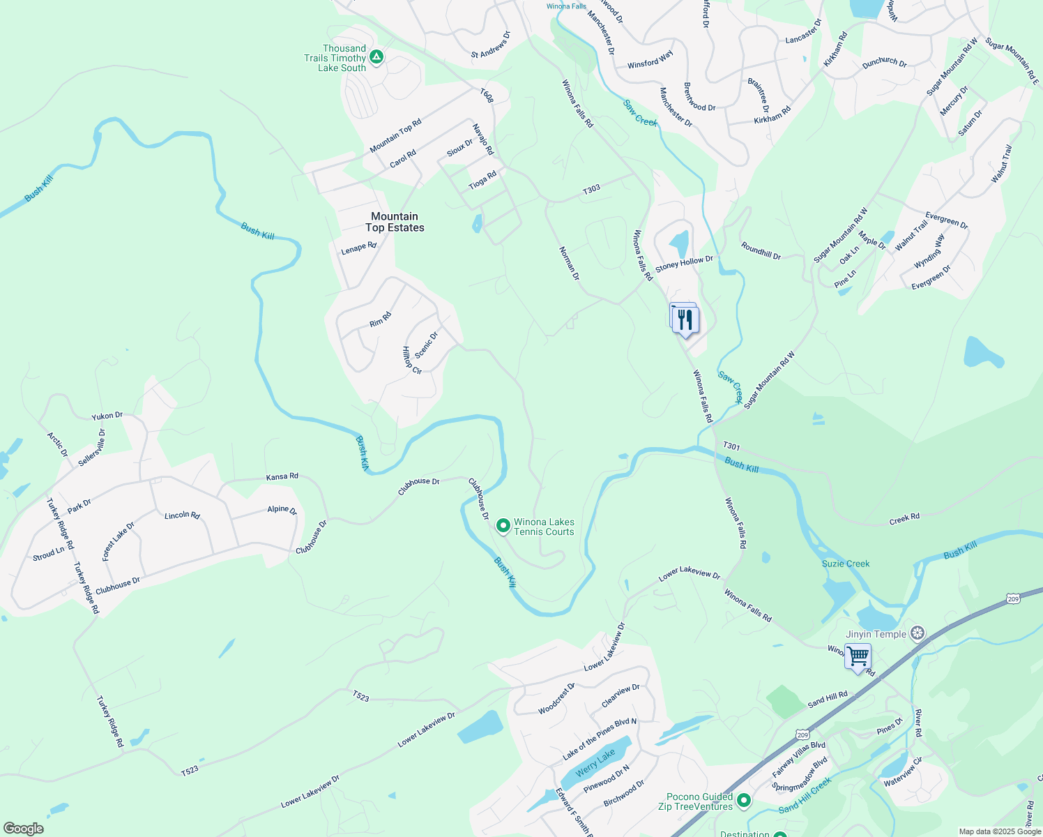 map of restaurants, bars, coffee shops, grocery stores, and more near 607 Clubhouse Drive in East Stroudsburg