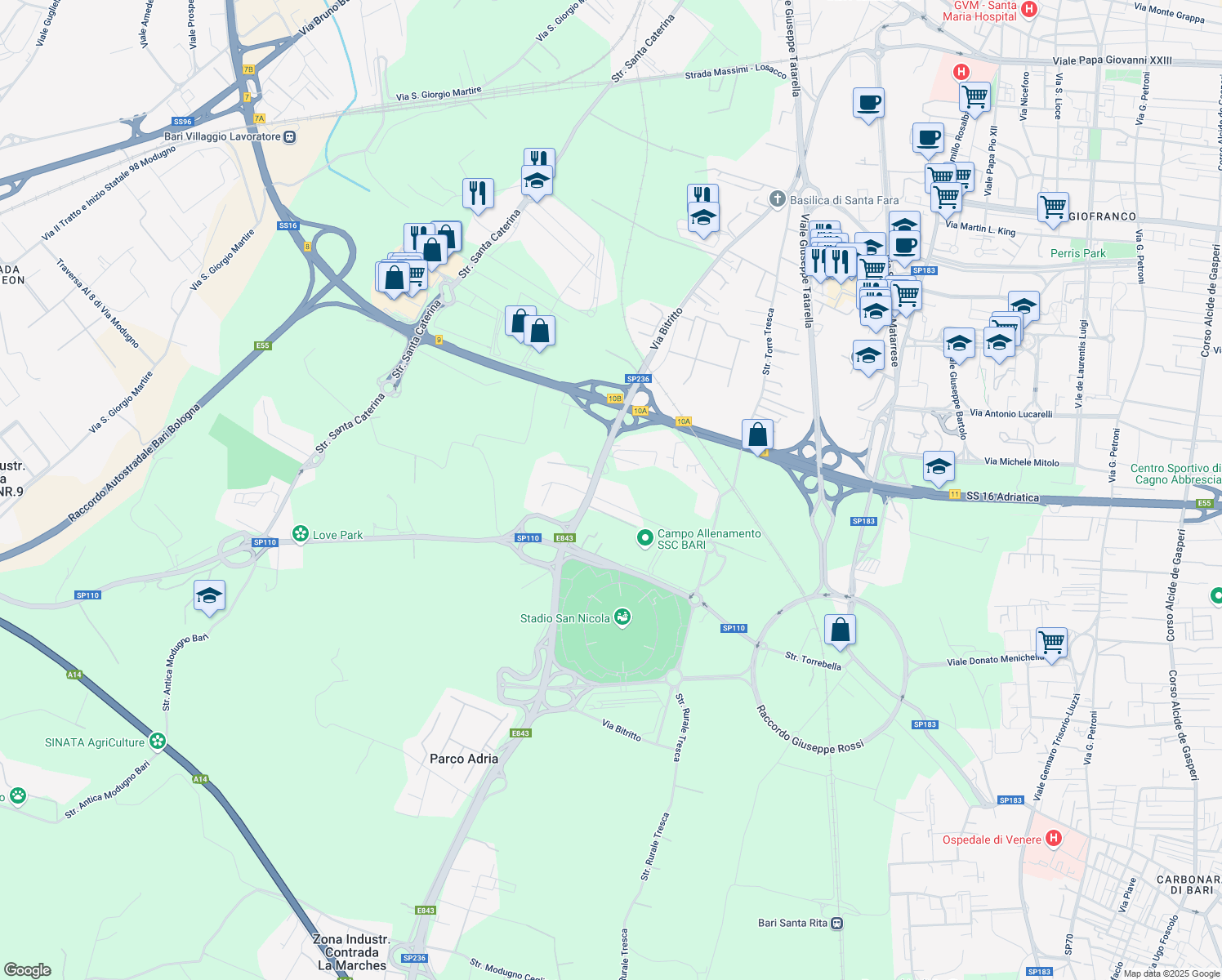 map of restaurants, bars, coffee shops, grocery stores, and more near 114/C Via Bitritto in Città Metropolitana di Bari