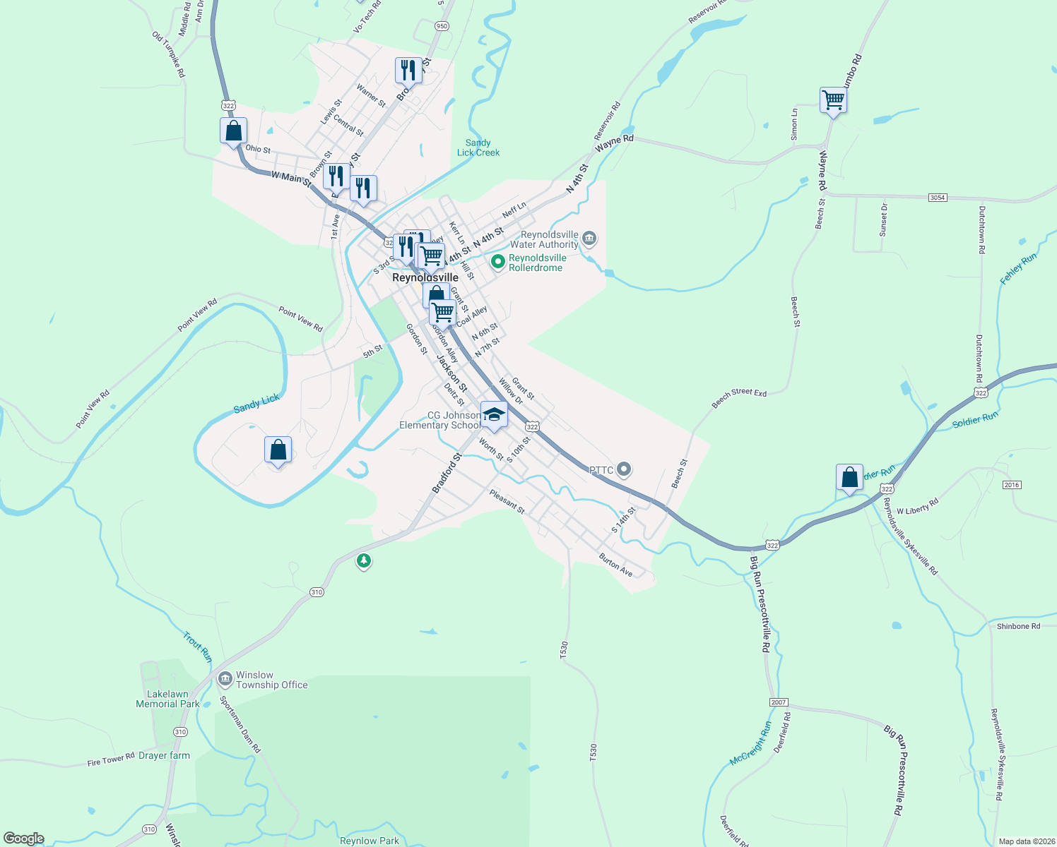 map of restaurants, bars, coffee shops, grocery stores, and more near 936 East Main Street in Reynoldsville