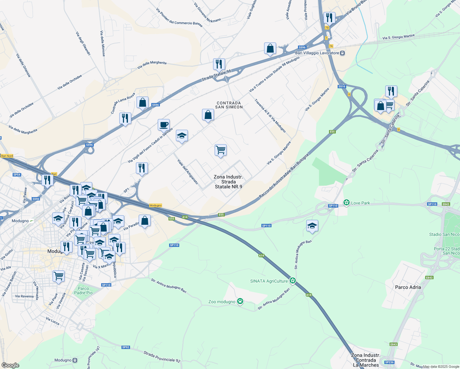 map of restaurants, bars, coffee shops, grocery stores, and more near 3 Largo dei Pittori in Zona Industr. Strada Statale NR.9