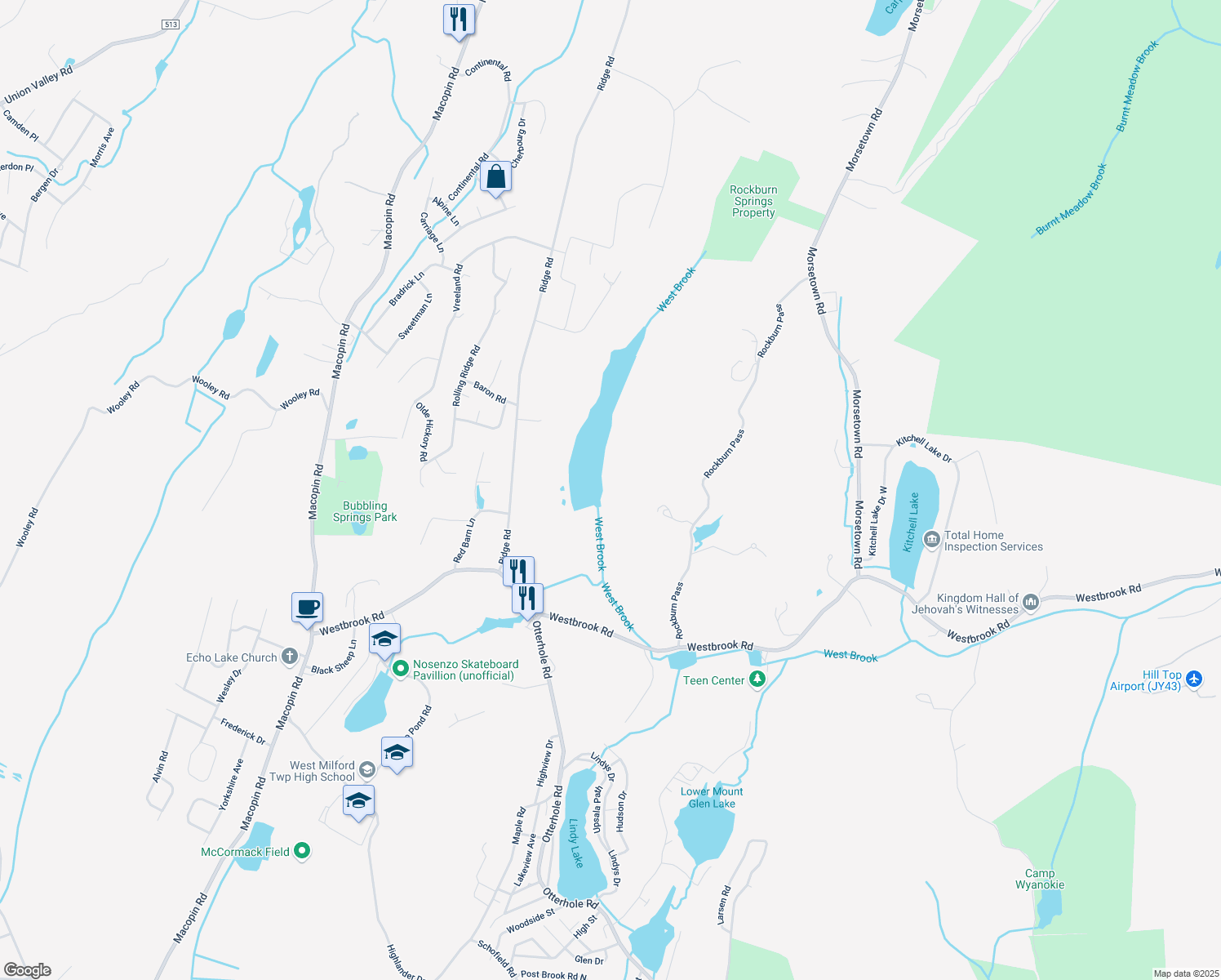 map of restaurants, bars, coffee shops, grocery stores, and more near in West Milford