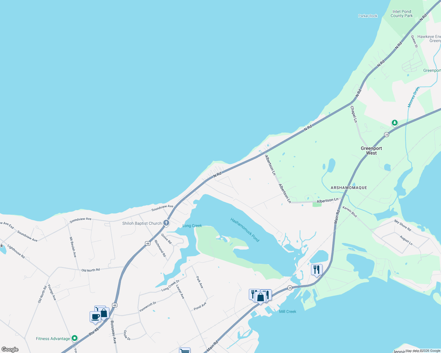 map of restaurants, bars, coffee shops, grocery stores, and more near 185 Stony Shore Drive in Southold