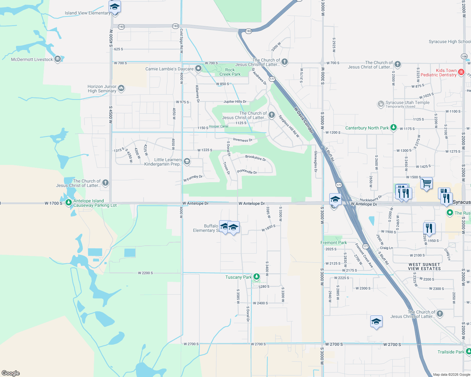 map of restaurants, bars, coffee shops, grocery stores, and more near 1602 Doral Drive in Syracuse