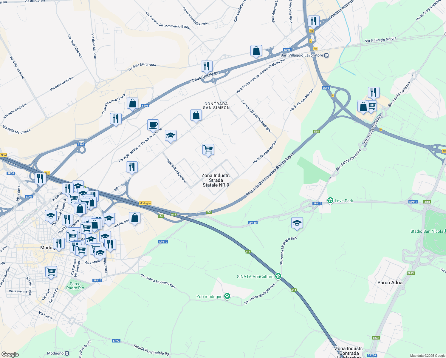 map of restaurants, bars, coffee shops, grocery stores, and more near 3 Largo dei Pittori in Zona Industr. Strada Statale NR.9