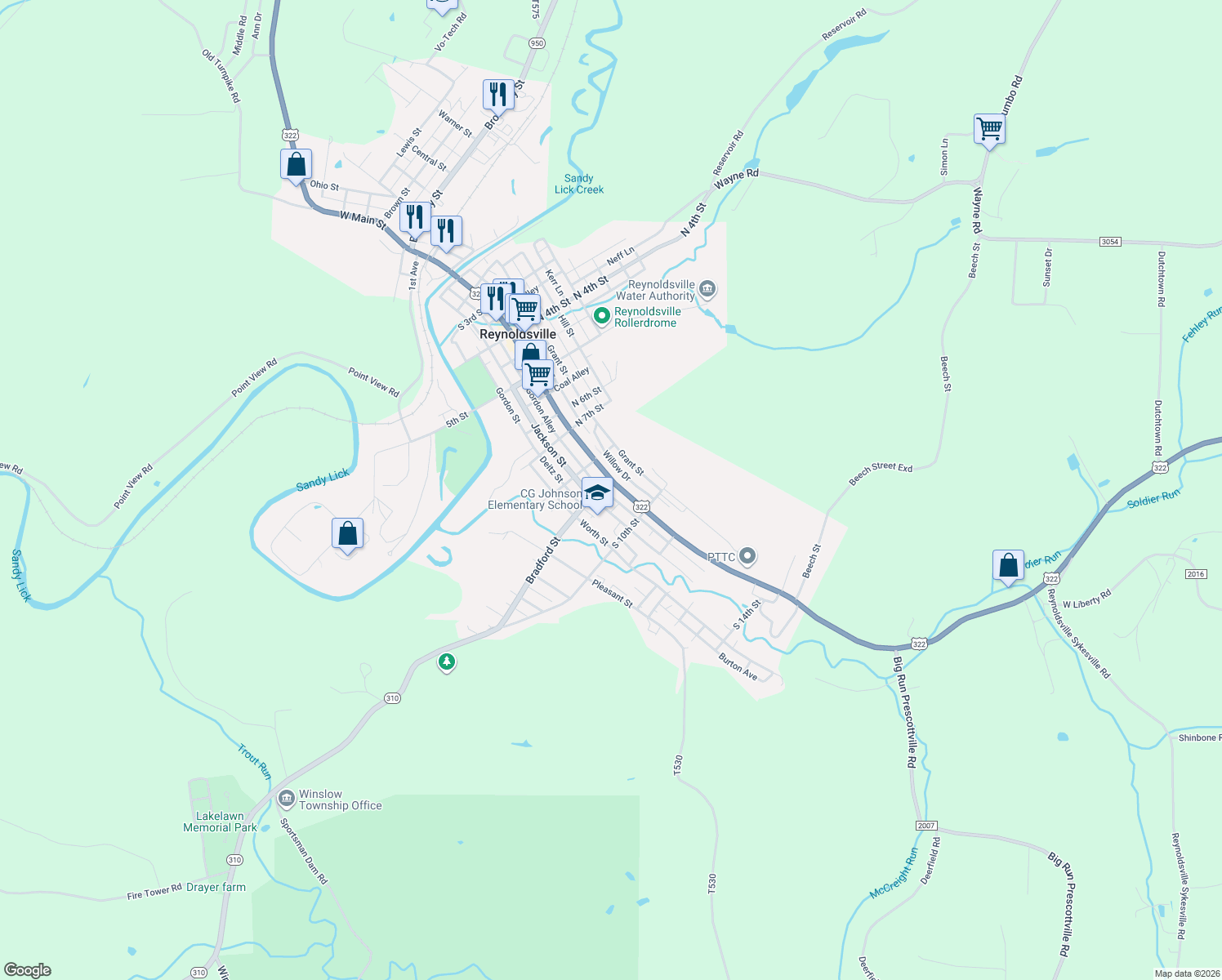 map of restaurants, bars, coffee shops, grocery stores, and more near 903 E Main St in Reynoldsville