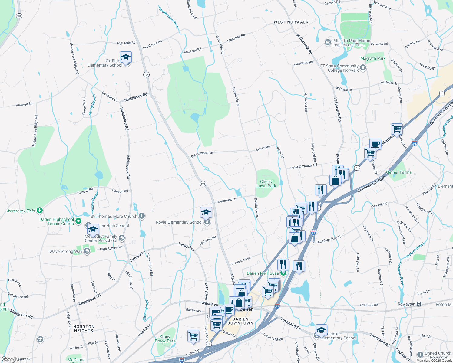 map of restaurants, bars, coffee shops, grocery stores, and more near 24 Hamilton Lane in Darien