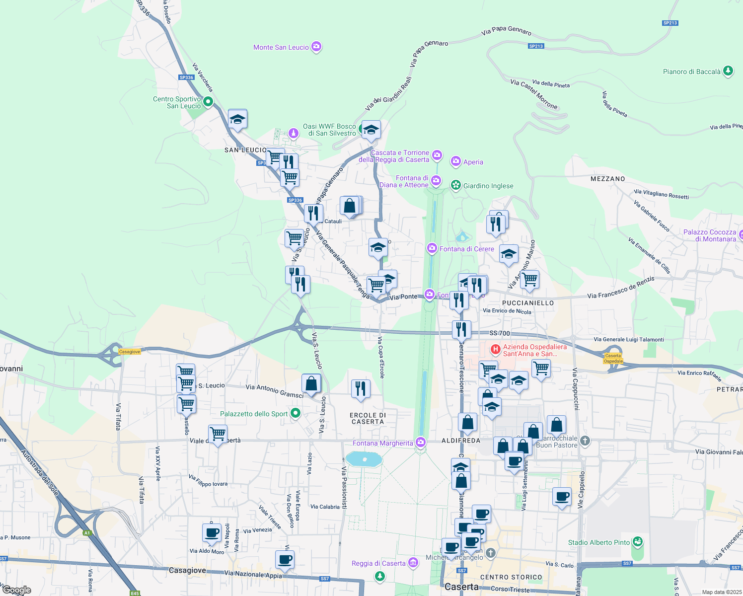 map of restaurants, bars, coffee shops, grocery stores, and more near Strada Statale 87 in Caserta