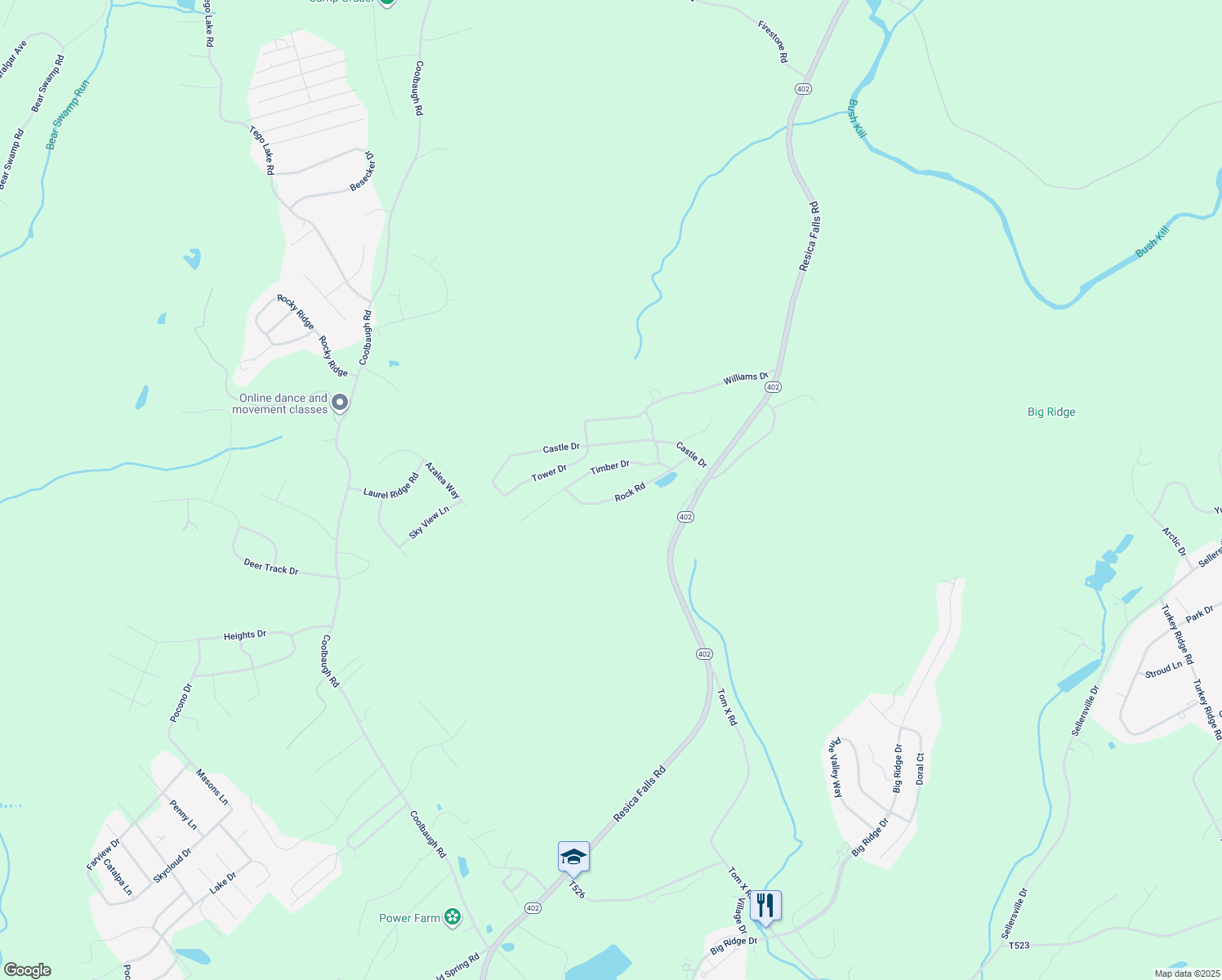 map of restaurants, bars, coffee shops, grocery stores, and more near 156 Rock Road in East Stroudsburg