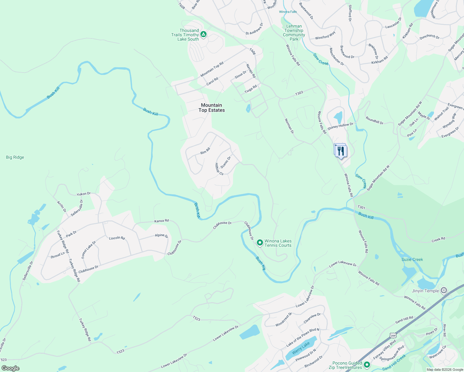 map of restaurants, bars, coffee shops, grocery stores, and more near Hilltop Court in East Stroudsburg