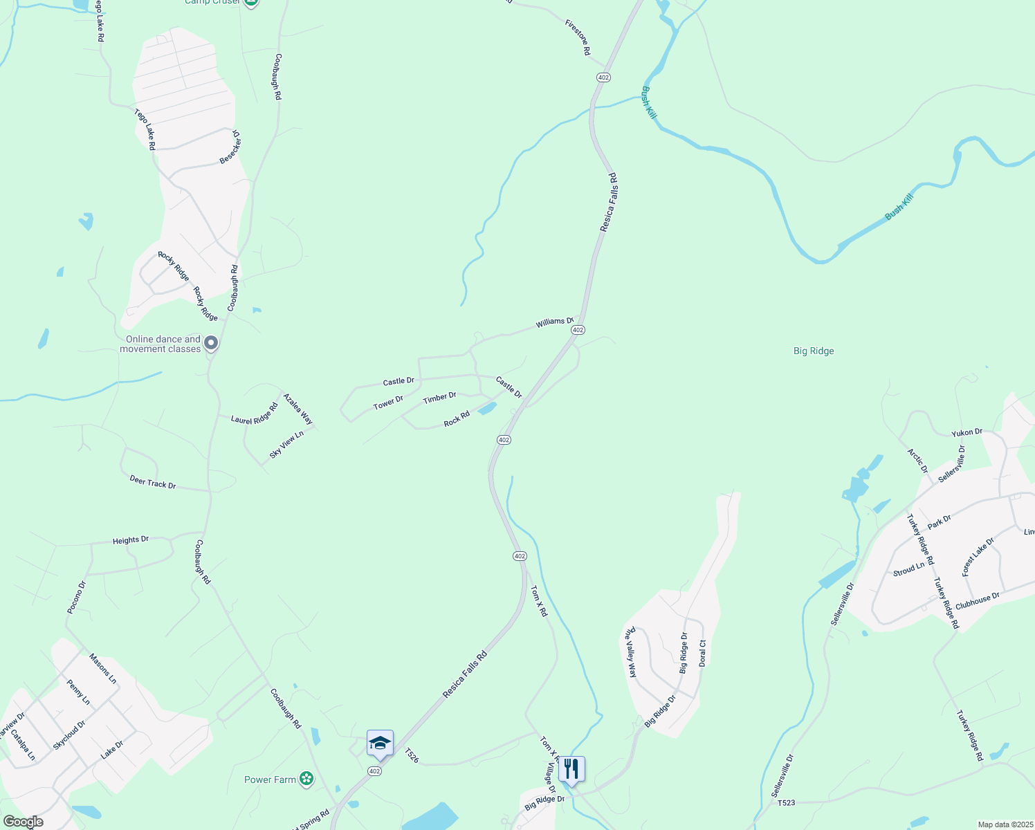map of restaurants, bars, coffee shops, grocery stores, and more near 852 Resica Falls Road in East Stroudsburg