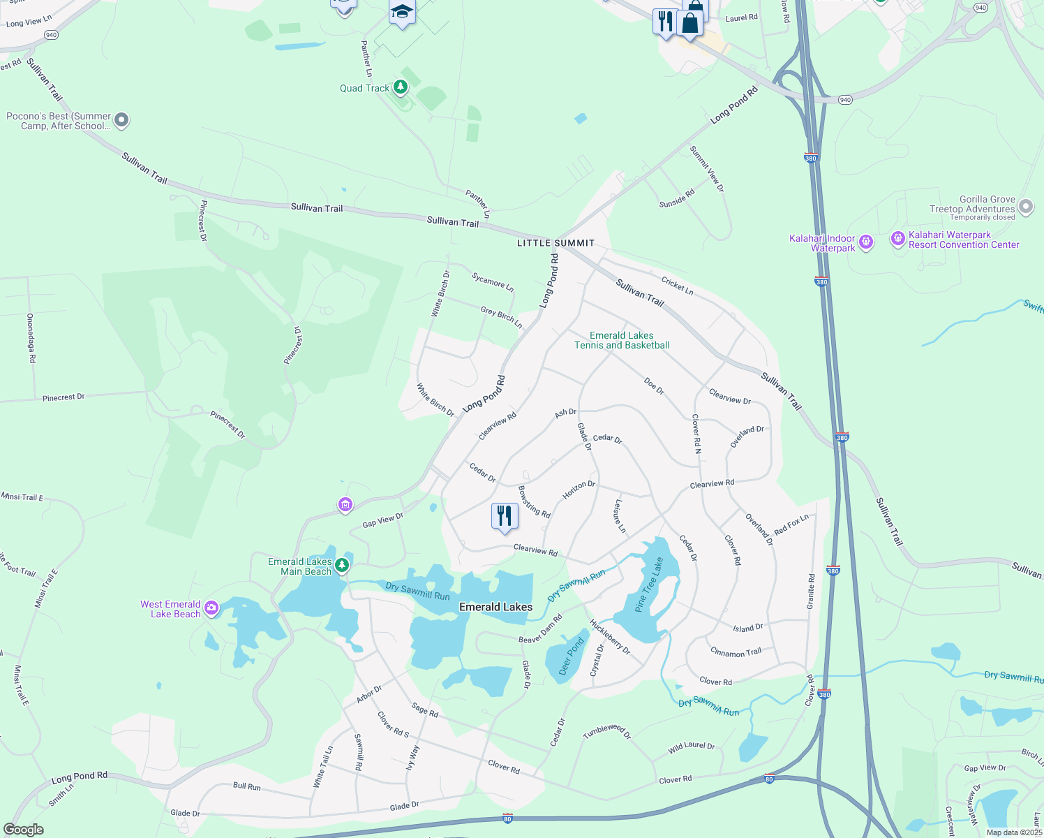 map of restaurants, bars, coffee shops, grocery stores, and more near 174 Glade Dr in Long Pond