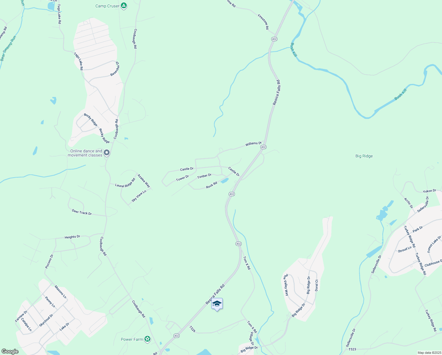 map of restaurants, bars, coffee shops, grocery stores, and more near 124 Rock Road in East Stroudsburg