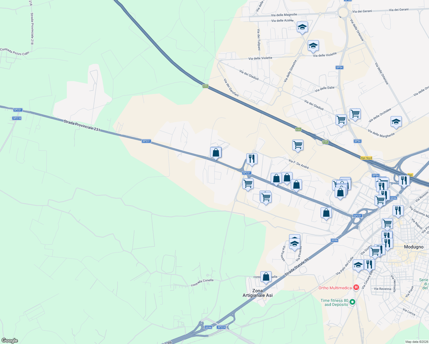map of restaurants, bars, coffee shops, grocery stores, and more near 321 Strada Provinciale 231 in Modugno