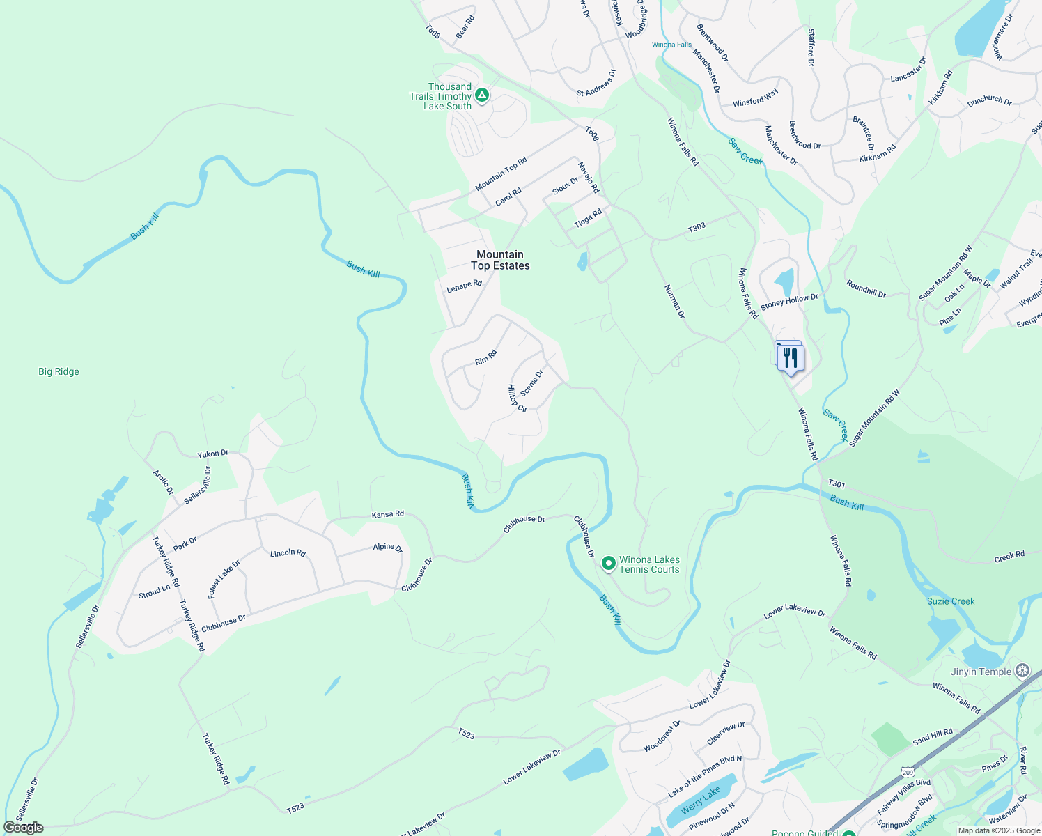 map of restaurants, bars, coffee shops, grocery stores, and more near 36 Hilltop Circle in East Stroudsburg
