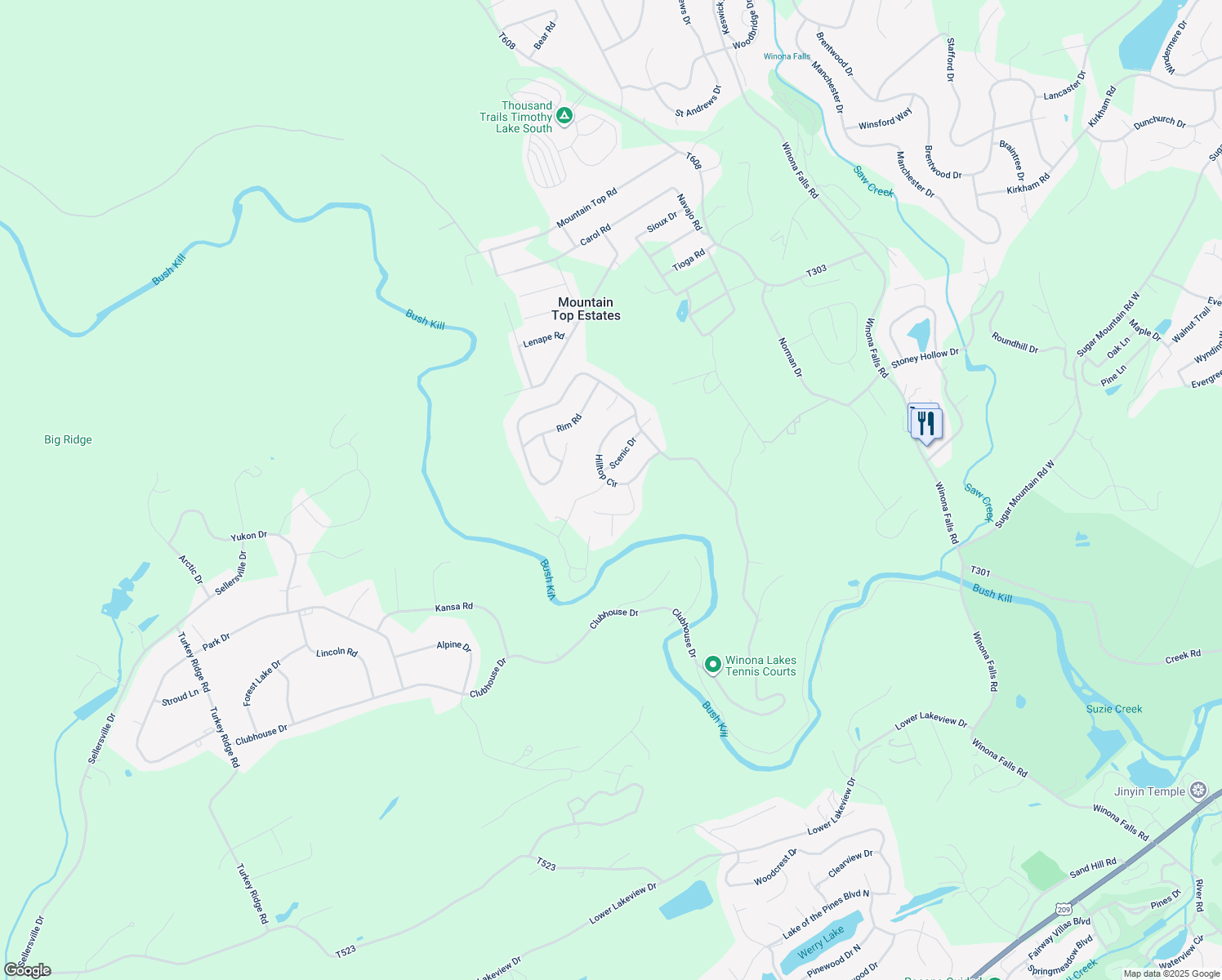map of restaurants, bars, coffee shops, grocery stores, and more near 36 Hilltop Circle in East Stroudsburg