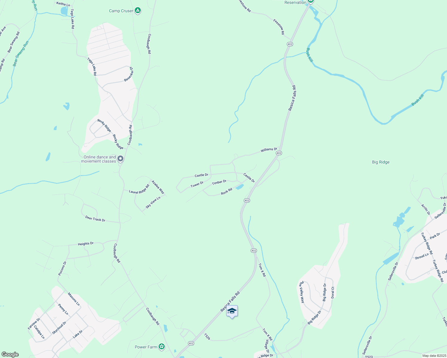 map of restaurants, bars, coffee shops, grocery stores, and more near 222 Timber Drive in East Stroudsburg