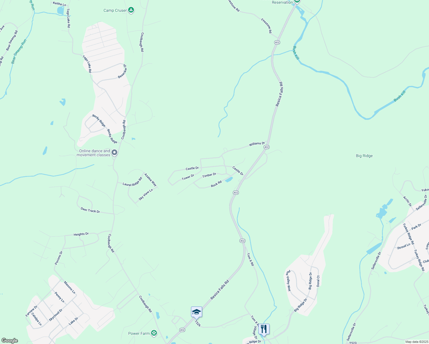map of restaurants, bars, coffee shops, grocery stores, and more near 222 Timber Drive in East Stroudsburg