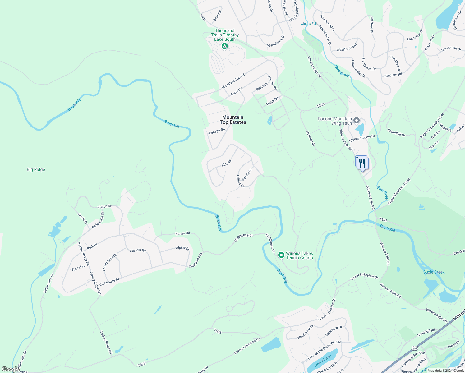 map of restaurants, bars, coffee shops, grocery stores, and more near 8112 Gallahad Pass Road in East Stroudsburg