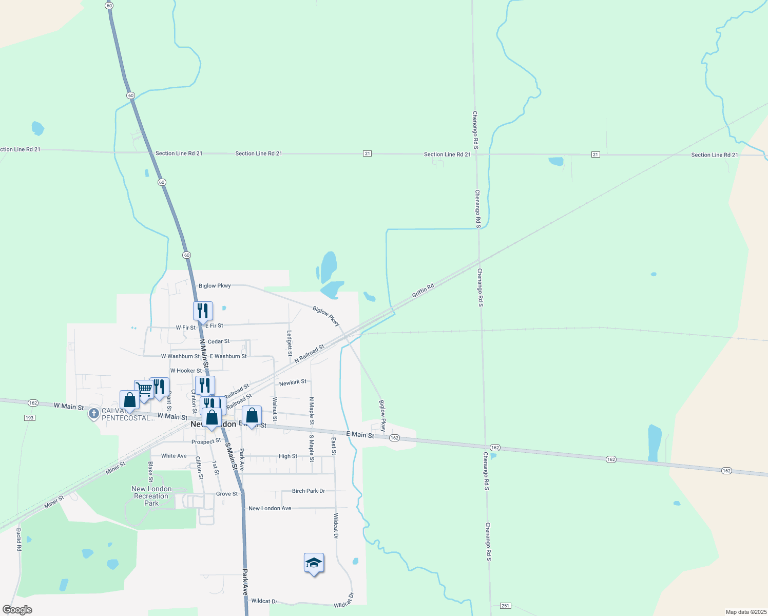 map of restaurants, bars, coffee shops, grocery stores, and more near 5556 Griffin Rd in New London