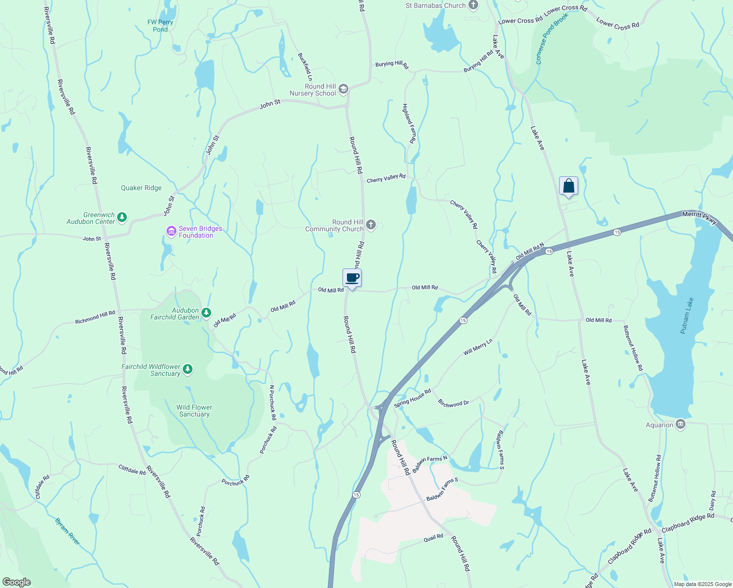 map of restaurants, bars, coffee shops, grocery stores, and more near 146 Old Mill Road in Greenwich