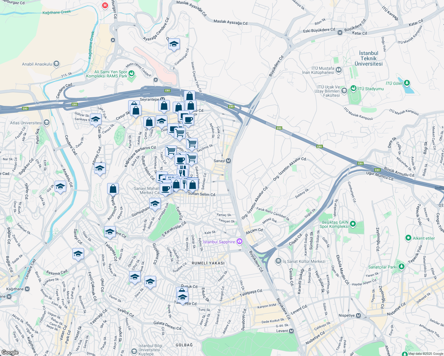map of restaurants, bars, coffee shops, grocery stores, and more near 61 Eski Büyükdere Caddesi in Kâğıthane