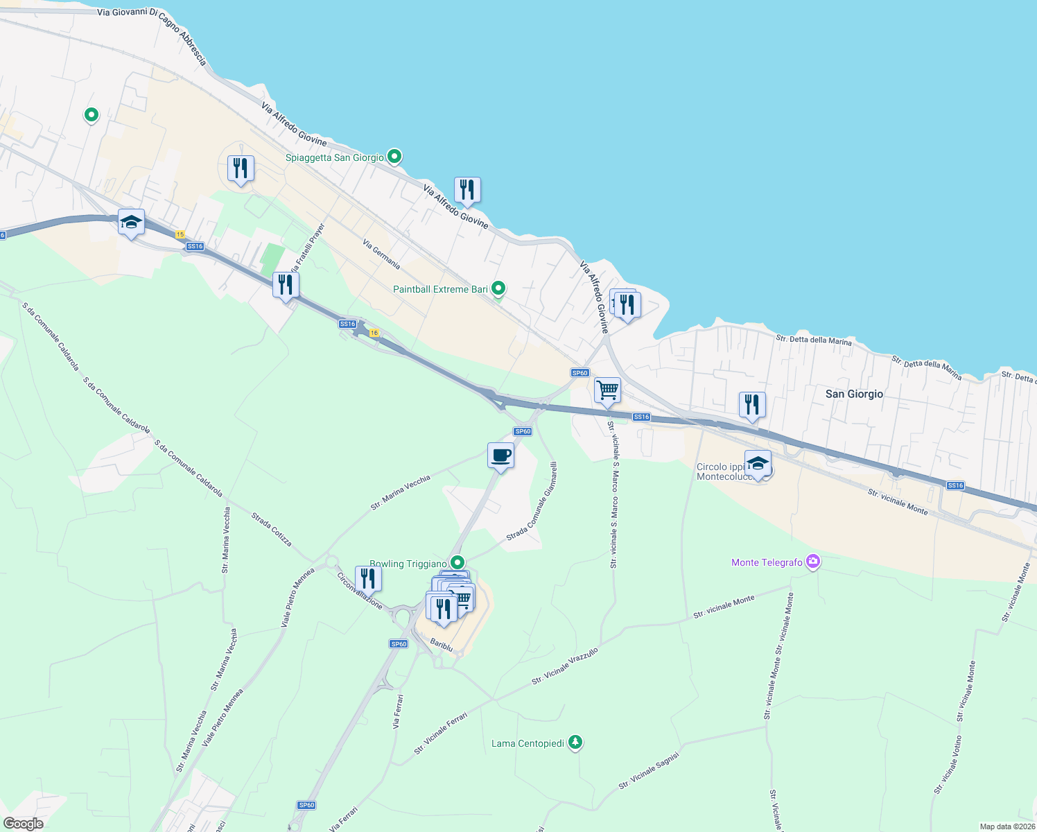 map of restaurants, bars, coffee shops, grocery stores, and more near 114 Via Giovanni Gentile in Bari