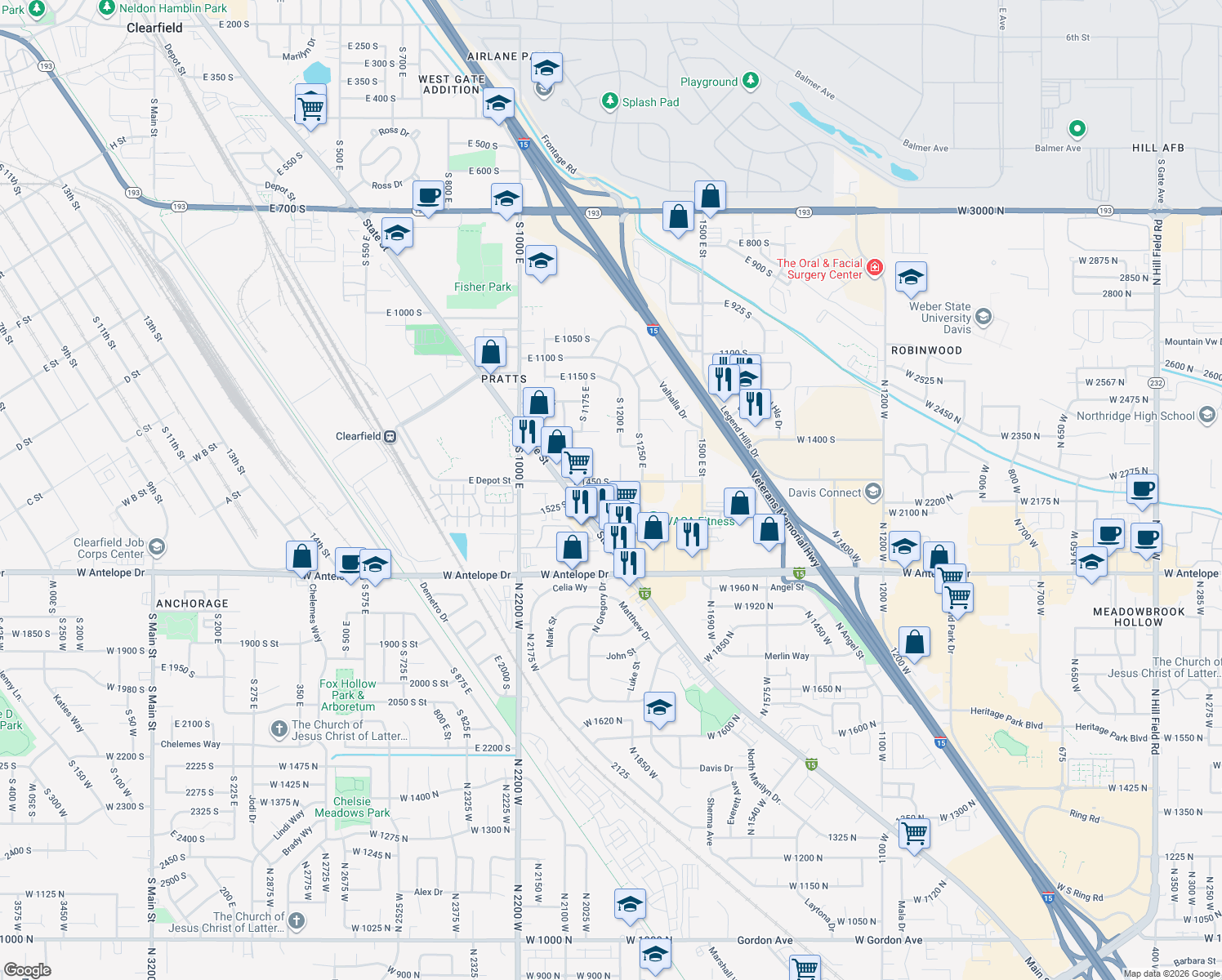map of restaurants, bars, coffee shops, grocery stores, and more near 1198 East 1450 South in Clearfield
